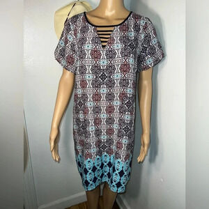 Skies Are‎ Blue, L, mini short sleeves, boat neck with cut out yoke, detail.